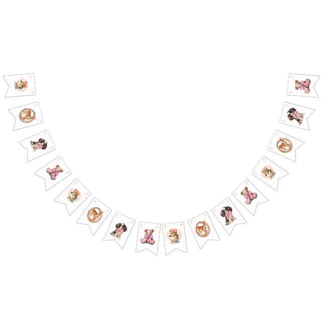 Babyduschbanner mit rosa Bogen und Babytieren Wimpelkette (Alle)