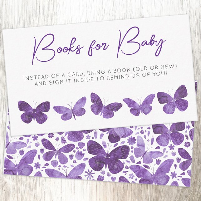 Babyduschbücher für Baby Begleitkarte (Modern watercolor butterfly purple baby shower Books for Baby request enclosure card)