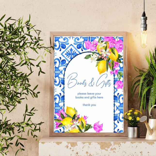 Babyduschbücher und Geschenkschild Blue Tiles Lemo Poster (Baby Shower books and gifts table sign Blue Tiles Lemons bougainvillea Mediterranean  decor)