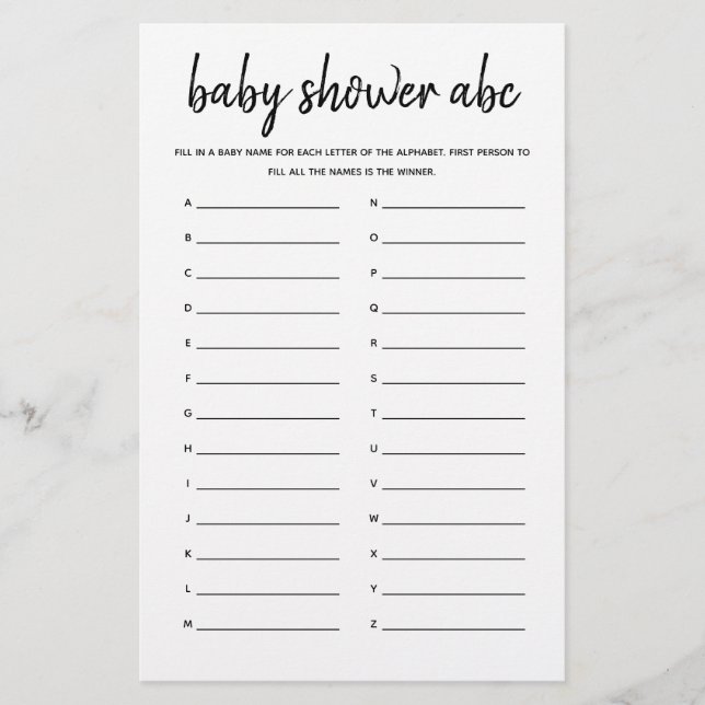 Babydusche ABC Minimalistisch Baby Shower Game (Vorderseite)