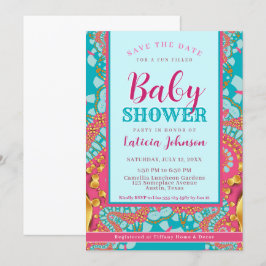 Babydusche Aquamarin Blau & Rosa Moderne Abstrakt Einladung