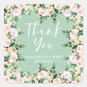 Babydusche Aquarell Girl Blumengrün Danke Quadratischer Aufkleber