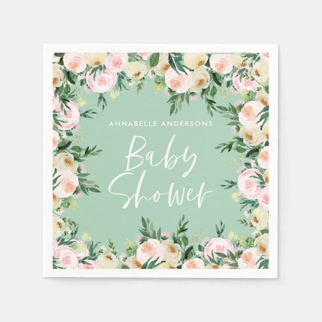 Babydusche Aquarell Rosa Blumengrün Mädchen Serviette (Vorderseite)