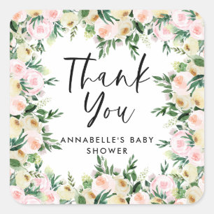 Babydusche Aquarell Rosa mädchenhaft Blumengrün Da Quadratischer Aufkleber