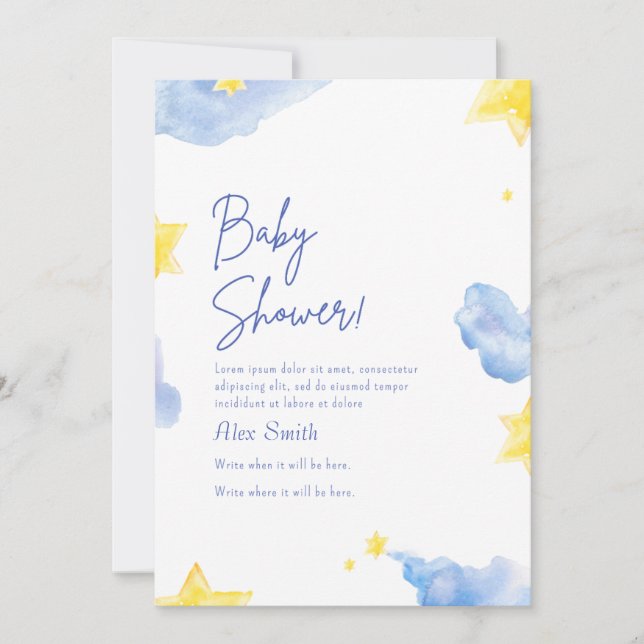 Babydusche Aquarellblau Einladung (Vorderseite)