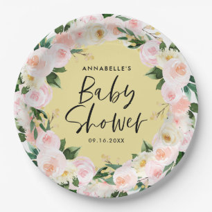Babydusche Aquarellgelb Gürtelschrift Pappteller