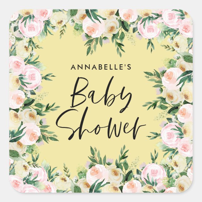 Babydusche Aquarellgelb Gürtelschrift Quadratischer Aufkleber (Vorderseite)