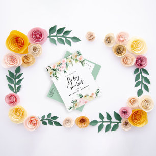 Babydusche Aquarellgrün rosa Blumenschrift Einladungspostkarte