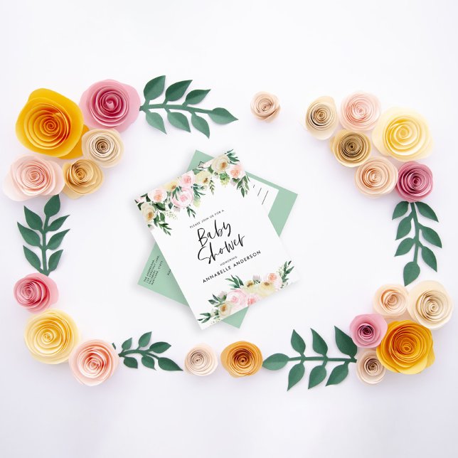 Babydusche Aquarellgrün rosa Blumenschrift Einladungspostkarte (Von Creator hochgeladen)