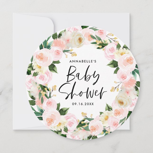 Babydusche Aquarellpinke, mädchenhafte Blumenschri (Vorderseite)
