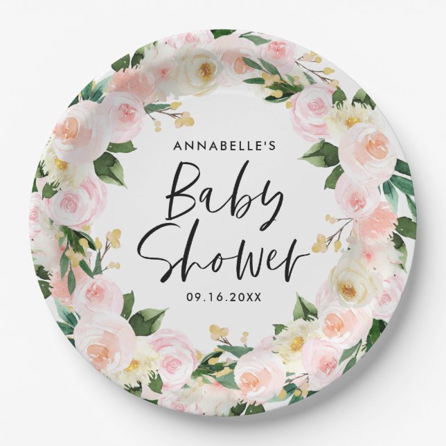 Babydusche Aquarellpinke, mädchenhafte Blumenschri Pappteller (Vorderseite)