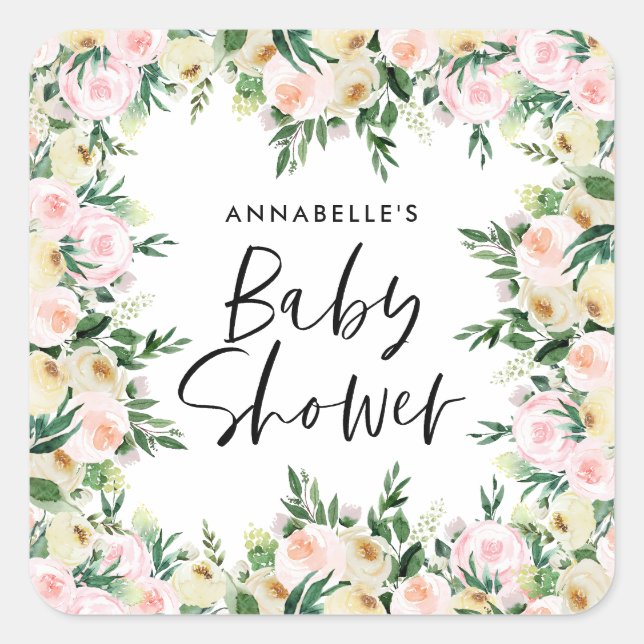Babydusche Aquarellpinke, mädchenhafte Blumenschri Quadratischer Aufkleber (Vorderseite)