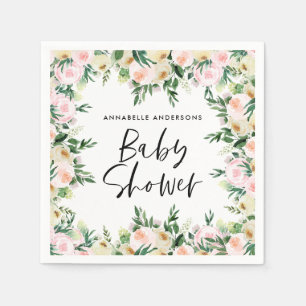 Babydusche Aquarellpinke, mädchenhafte Blumenschri Serviette