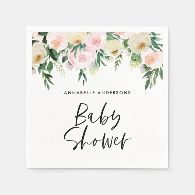 Babydusche Aquarellpinke, mädchenhafte Blumenschri Serviette (Vorderseite)