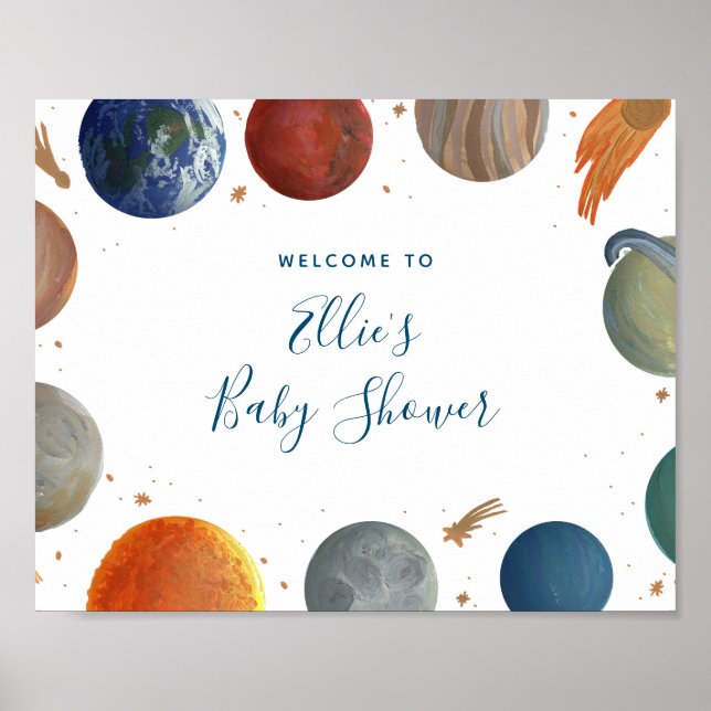 Babydusche auf bemalten Planeten Begrüßungszeichen Poster (Vorne)