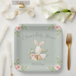 Babydusche auf dem Sage Green Bunny Rabbit Pappteller<br><div class="desc">Niedliches,  farbenfroh gebrüstetes Kaninchen in einem Korbkorb,  umgeben von schönen pastellfarbenen Blume auf einem schlauen Hintergrund. So niedlich für das kleine Mädchen Duschservietten. Matching-Produkte verfügbar. 100% Kundenzufriedenheit mit "Zazzle"</div>