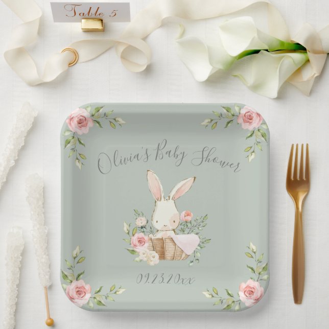 Babydusche auf dem Sage Green Bunny Rabbit Pappteller (Hochzeit)