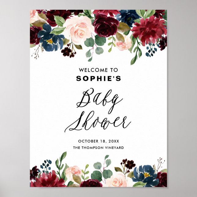 Babydusche aus Burgundy und Blue Floral Garland Poster (Vorne)