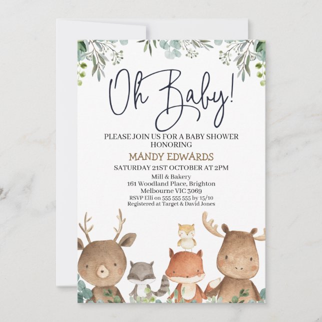 Babydusche aus Foliage Woodland Animals Einladung (Vorderseite)
