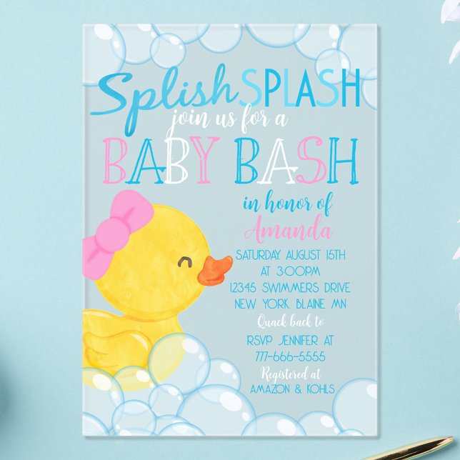 Babydusche aus Girl Duck Mattierte Acrylwerbung Acryleinladungen (Girl Watercolor Rubber Duck Baby Shower Frosted Acrylic Invitations with Pink Bow)