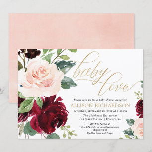 Babydusche aus Liebe rosa goldbordeauxfarbene Blum Einladung
