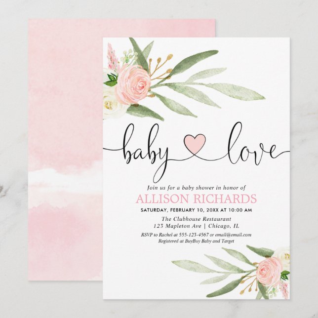 Babydusche aus Liebe Rosa goldfarbene Dusche Einladung (Vorne/Hinten)