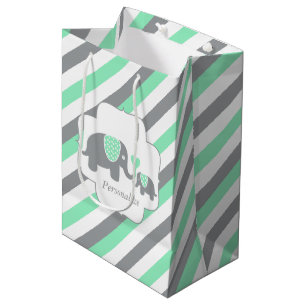 Babydusche aus Weiß, Grün und Grau Stripe Mittlere Geschenktüte