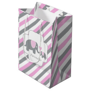 Babydusche aus Weiß, Rosa und Gray Stripe Mittlere Geschenktüte