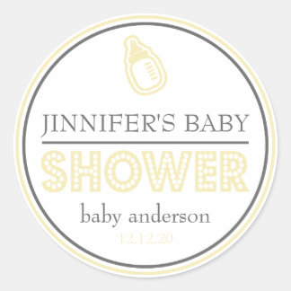 Babydusche Babyflaschen-Aufkleber (gelb / grau) Runder Aufkleber