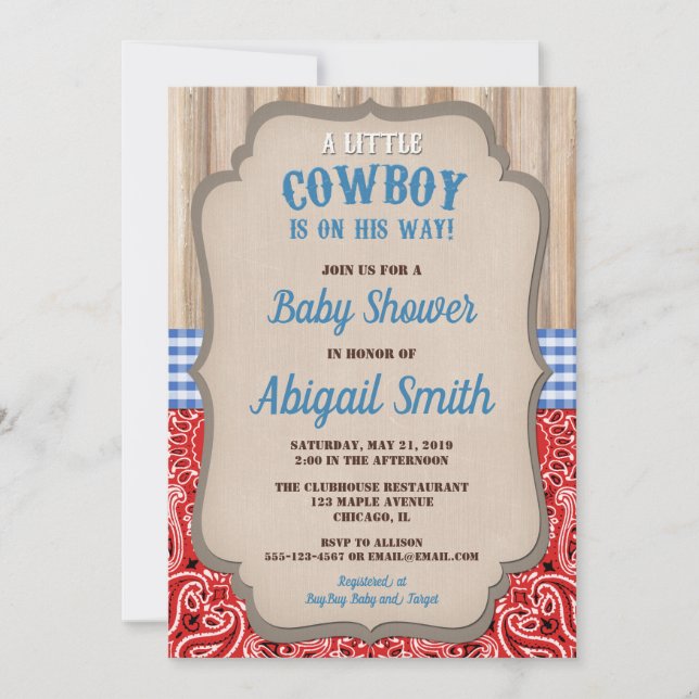 Babydusche Bandana blaues Rot des Cowboy-Westerns Einladung (Vorderseite)