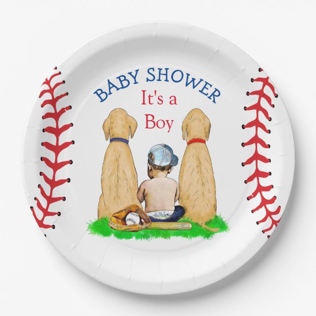 Babydusche Baseball 2 Labradore und Baby Pappteller (Vorderseite)
