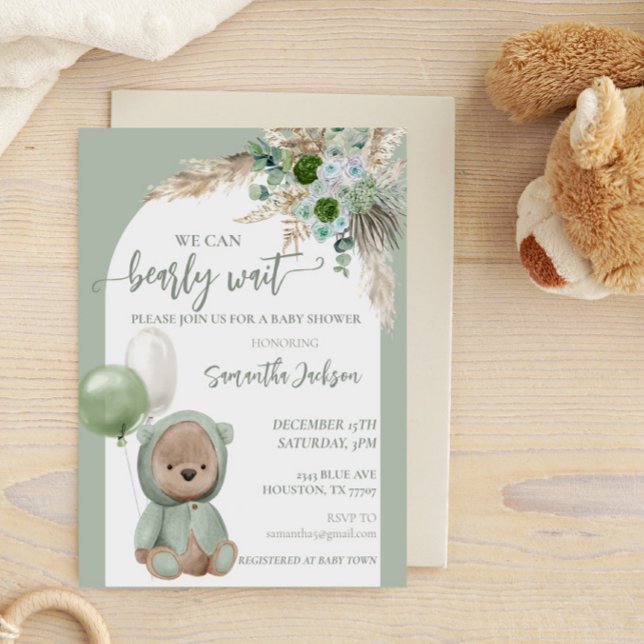 Babydusche Bearly Wait Green Boho Bear Einladung (Von Creator hochgeladen)