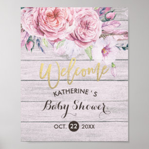 Babydusche Begrüßung Aquarell Flor Rustikales Holz Poster