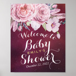 Babydusche Begrüßung Blumenfedern Burgundy Red Poster