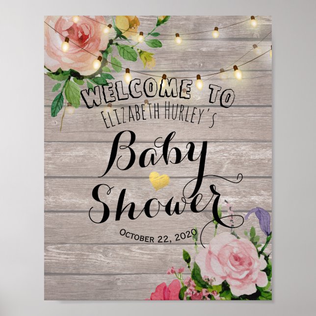 Babydusche Begrüßung Blumenstränge Lights Barnholz Poster (Vorne)