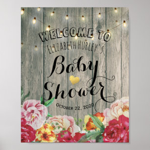 Babydusche Begrüßung Chic Blume String Light Wood Poster