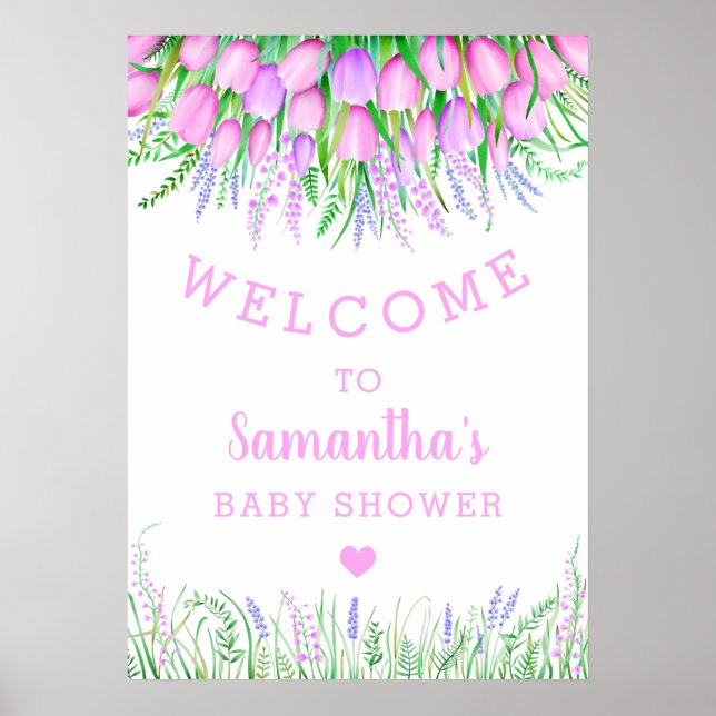 Babydusche Begrüßung Floral Lavender Tulip Grüne Poster (Vorne)
