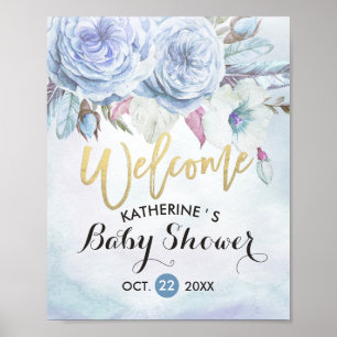 Babydusche Begrüßung Wasserfarbe Boho Blume Feathe Poster