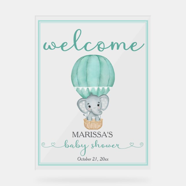 Babydusche Begrüßungsgrüne Elefant Acrylschild (Vorderseite)