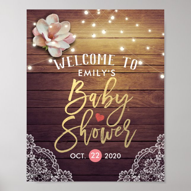 Babydusche Begrüßungsschild Blumenleuchten Holzbal Poster (Vorne)