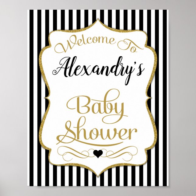 Babydusche Begrüßungszeichen Schwarzes Gold Elegan Poster (Vorne)