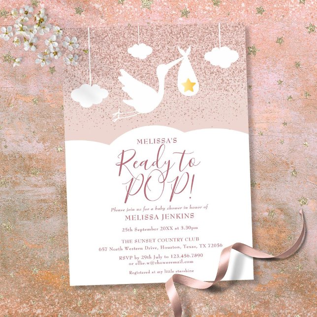 Babydusche Bereit zum Pop Stork Rose Gold Glitzer Einladung (Baby Shower Ready to Pop Stork Rose Gold Glitter Invitation)
