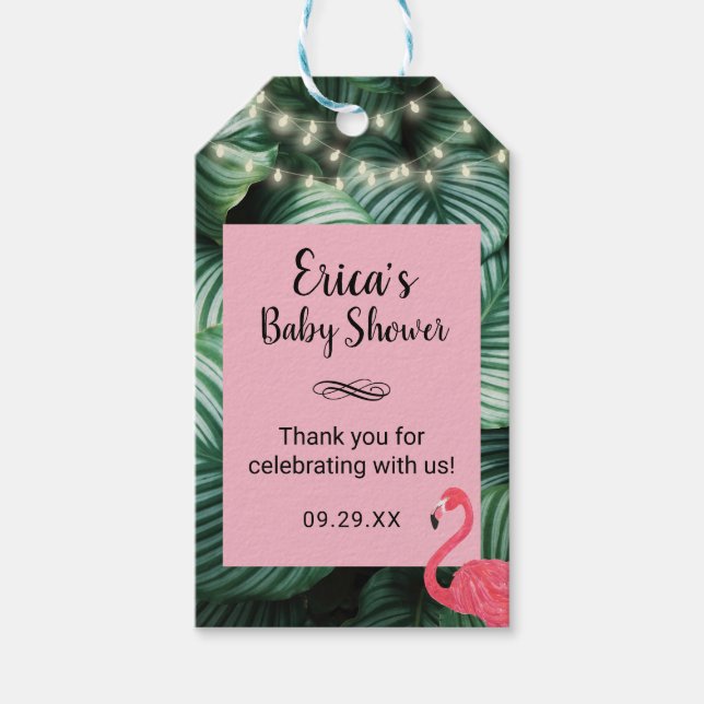Babydusche bevorzugt tropische Blätter & Flamingo Geschenkanhänger (Vorderseite)