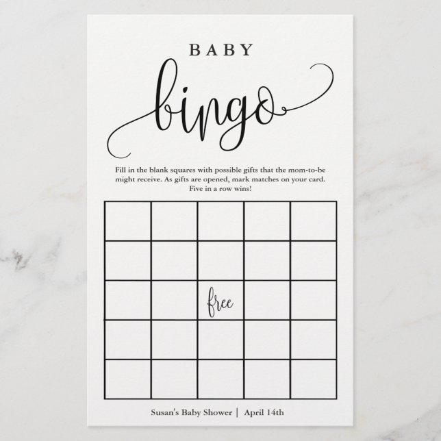 Babydusche Bingo Calligraphy Paper Game Card Flyer (Vorne)