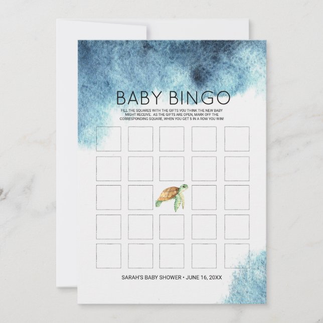 Babydusche Bingo Card | Meeresschildkröte Einladung (Vorderseite)