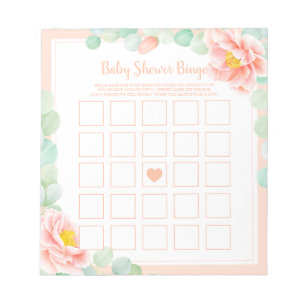 Babydusche Bingo Eucalyptus Foliage Peony Peach Notizblock