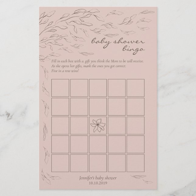 Babydusche Bingo Game Pink Blume (Vorderseite)