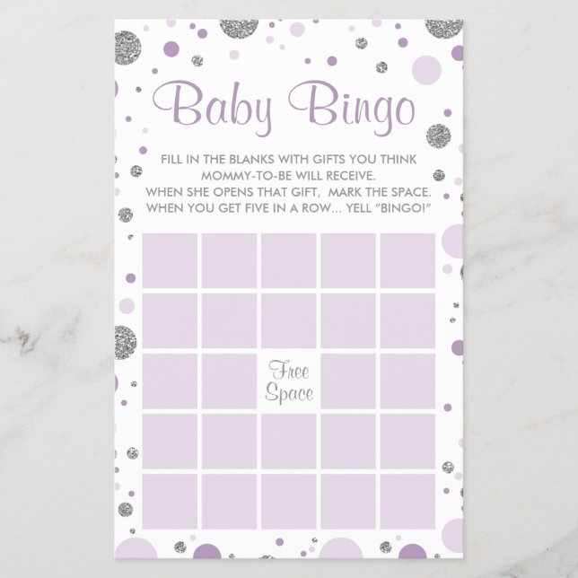 Babydusche Bingo, Imitate Confetti, Lila, Silber Flyer (Vorne)