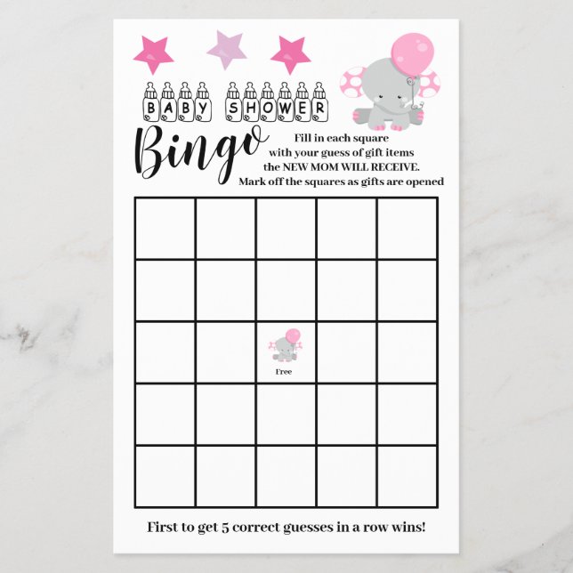 Babydusche Bingo Pink Elephant Girl Game Card Flyer (Vorne)