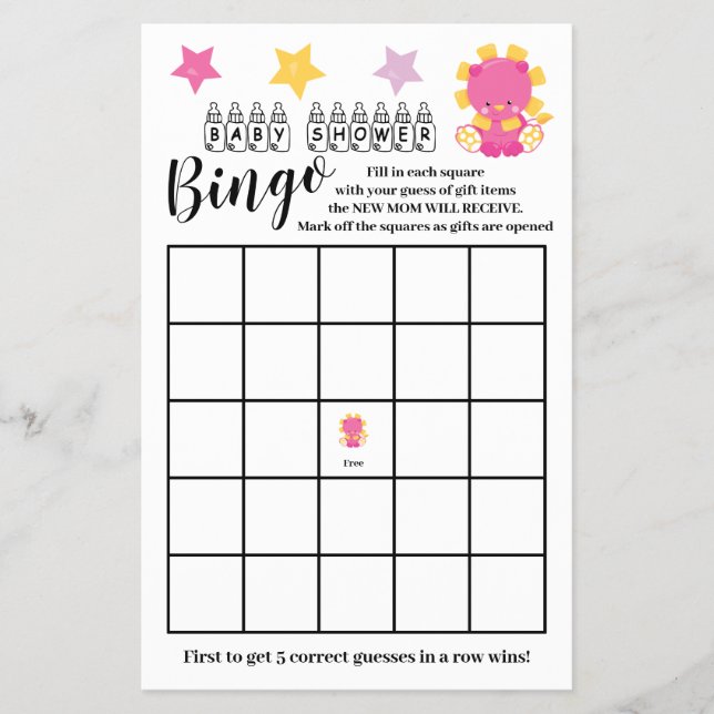Babydusche Bingo Pink Lion Girl Game Card Flyer (Vorne)